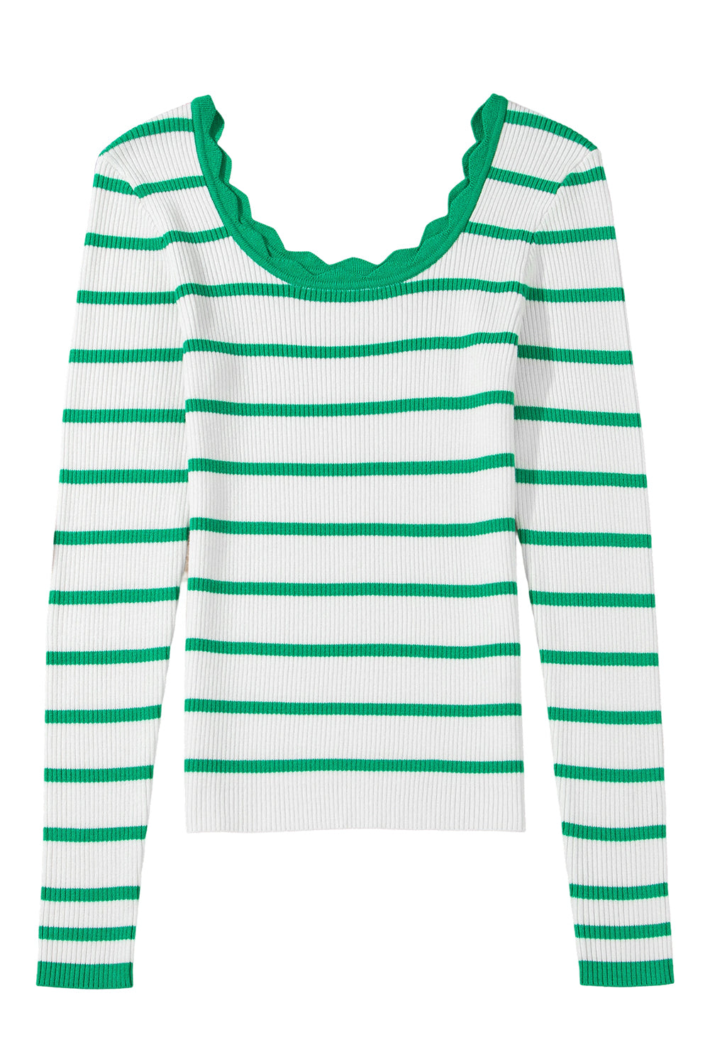 Black White Scalloped Edge Neck Striped Long Sleeve Sweater