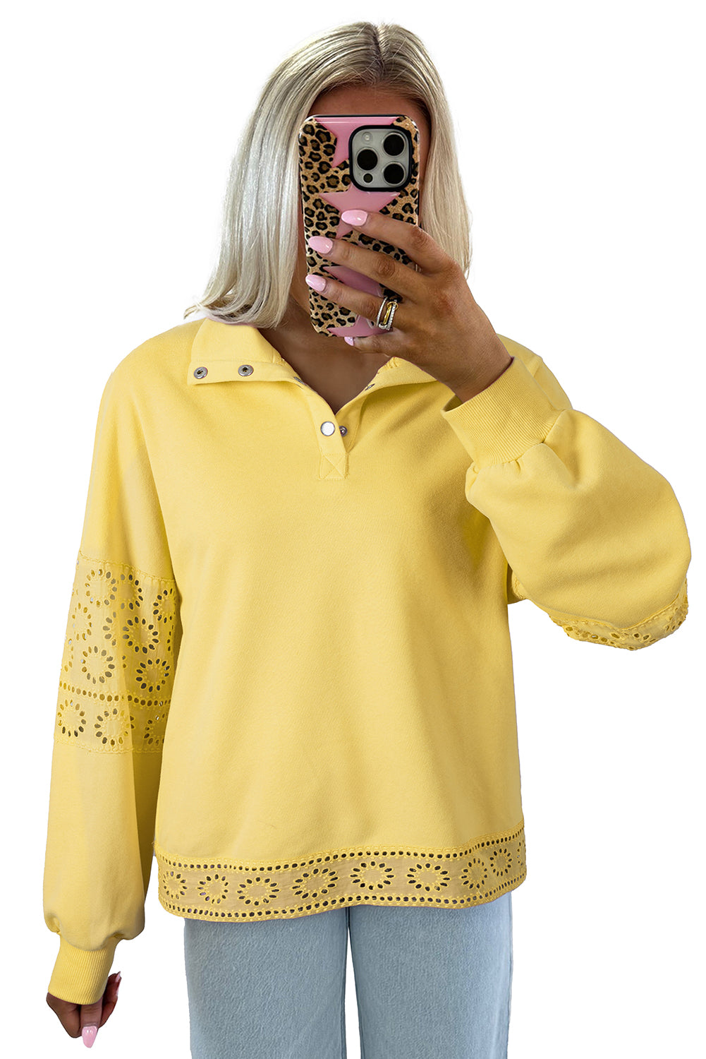 A Yellow Cream Embroidered Flower Patchwork Snap Buttons Pullover Sweatshirt