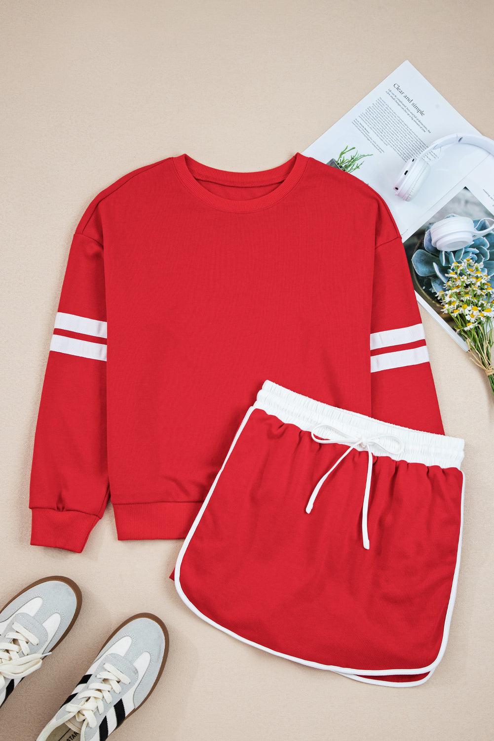Orange Varsity Stripe Detail Drop Shoulder Pullover Mini Skirt Set
