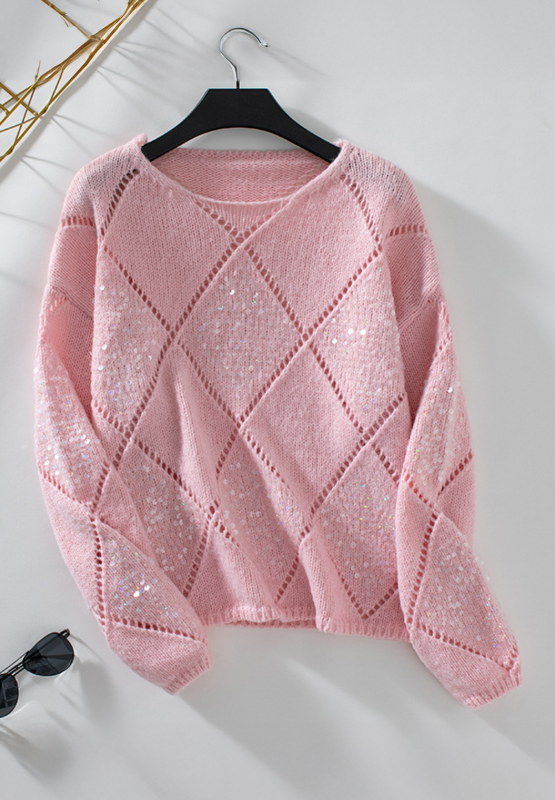 Openwork Light Pink Sequin Round Neck Long Sleeve Sweater