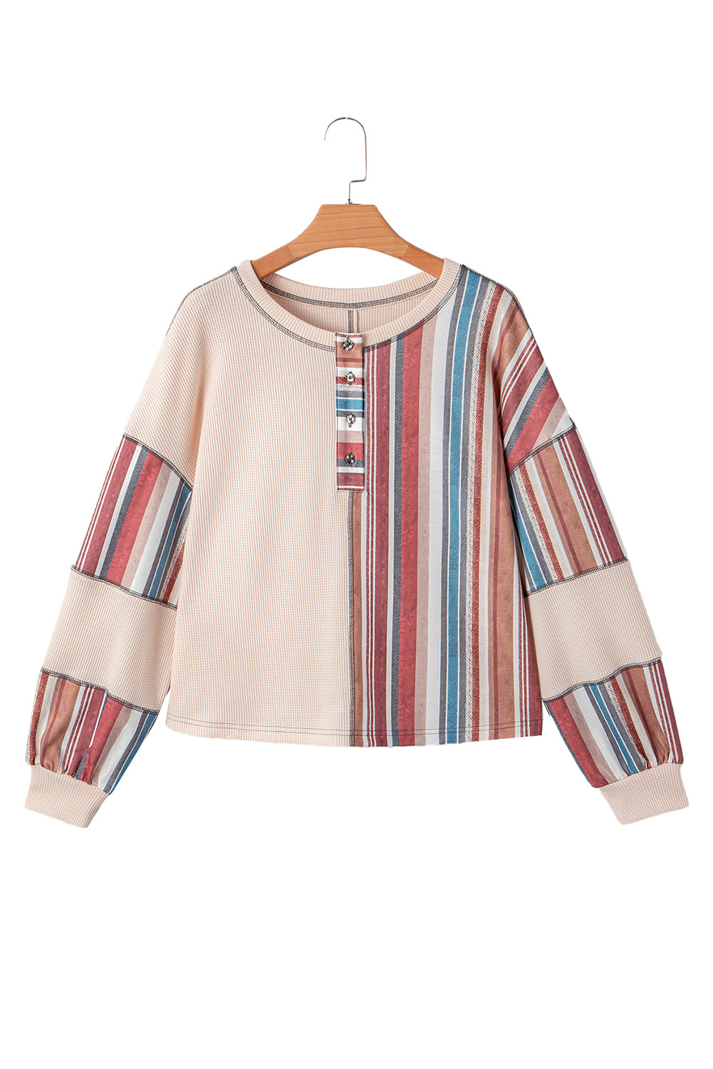Beige Striped Waffle Patchwork Exposed Seam Raw Hem Knit Top