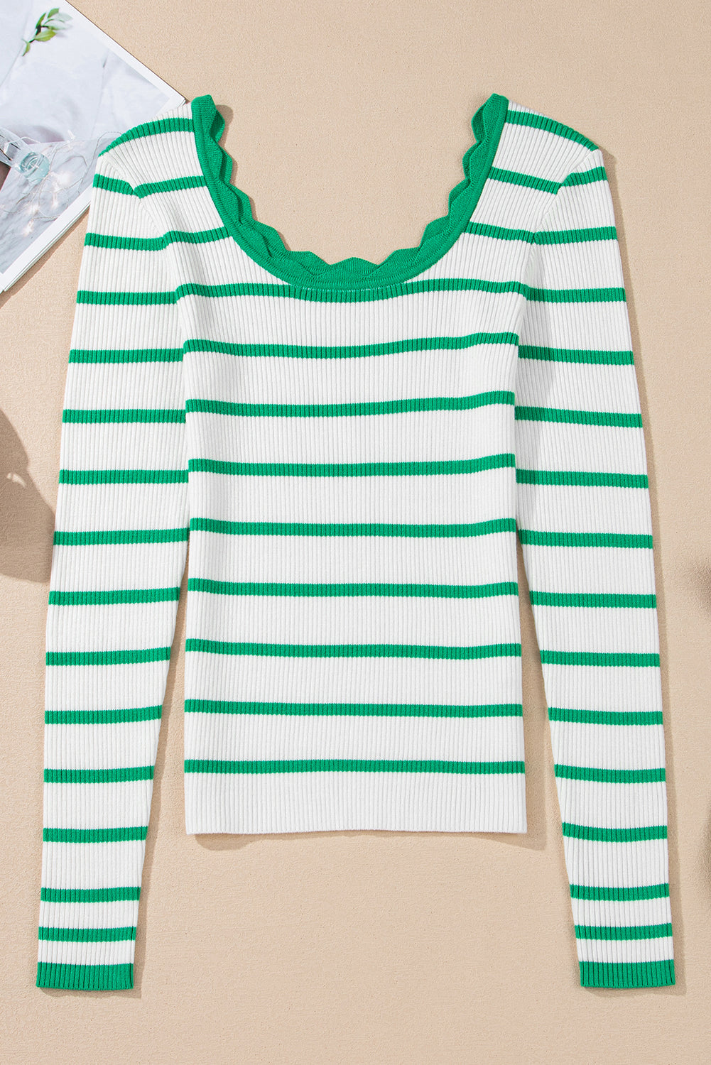 Black White Scalloped Edge Neck Striped Long Sleeve Sweater