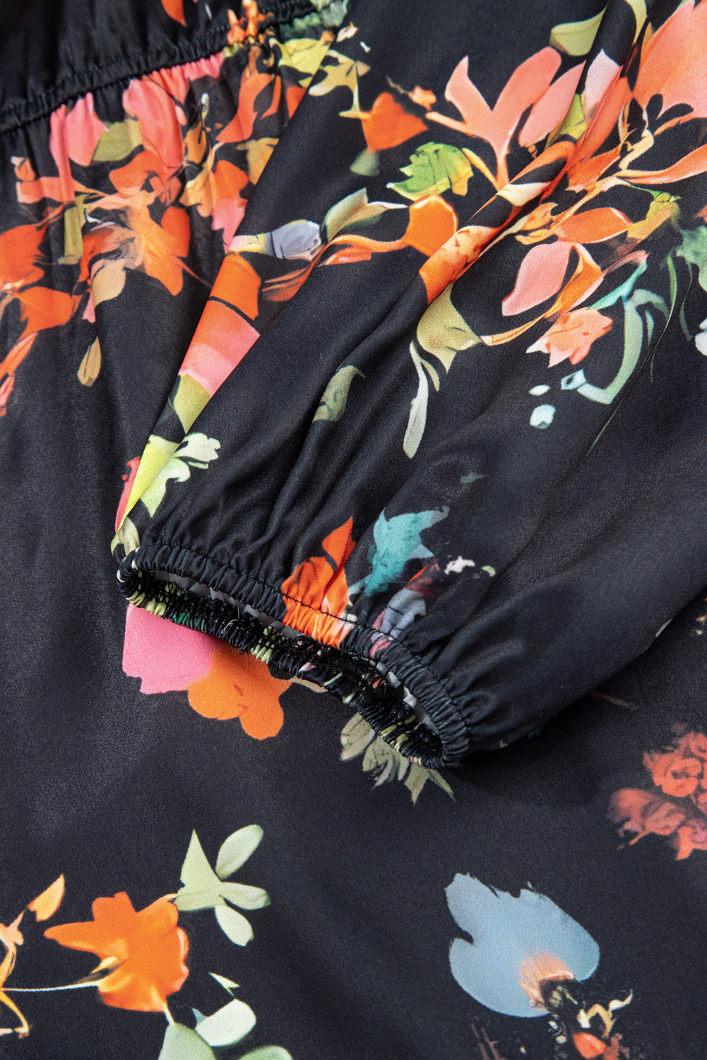 Black Plus Size Floral Print Tie Neck Cinched Waist Long Sleeve Mini Dress