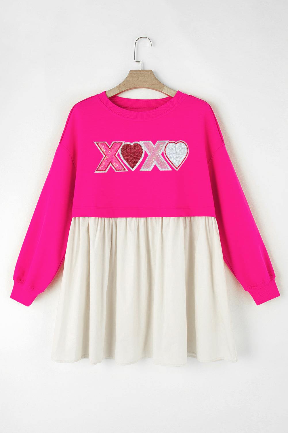 Rose Pink XOXO Heart Patched Casual Sweatshirt Mini Dress