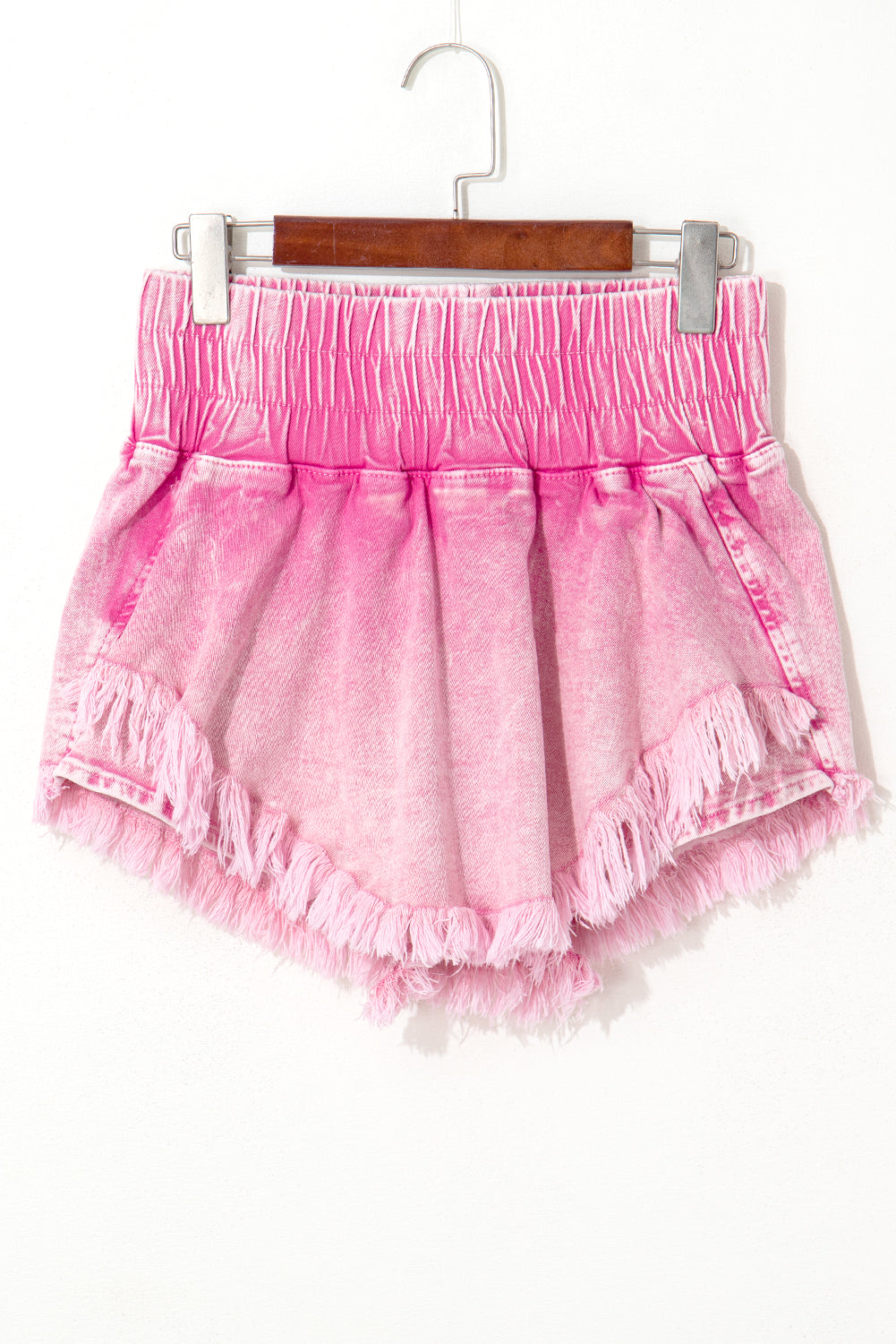 Pink Washed Smocked Waistband Frayed Denim Shorts