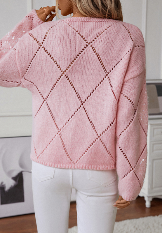 Openwork Light Pink Sequin Round Neck Long Sleeve Sweater