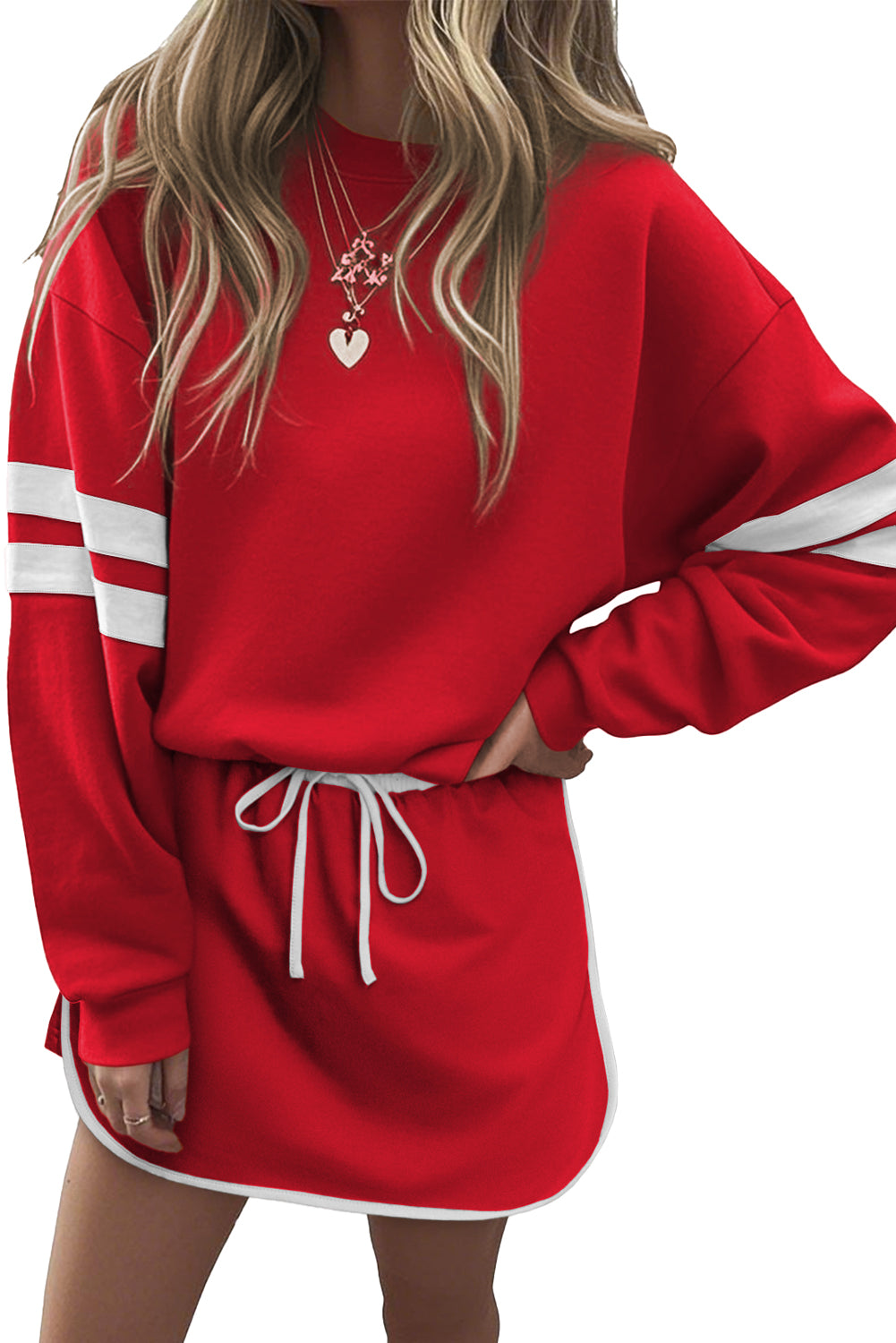 Orange Varsity Stripe Detail Drop Shoulder Pullover Mini Skirt Set