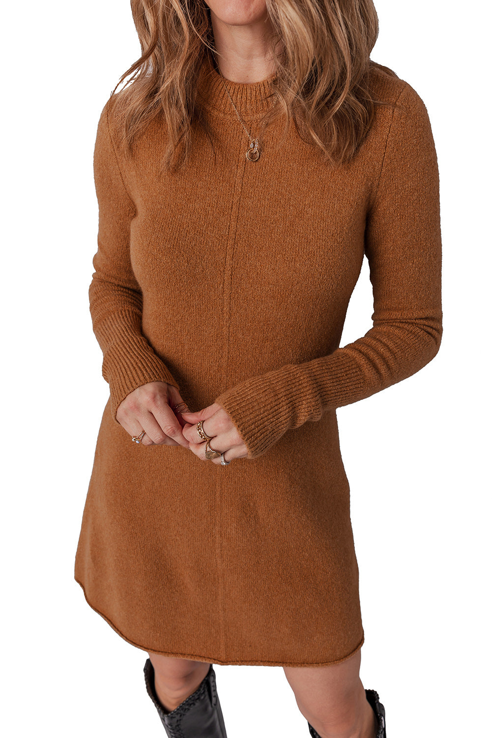 Straw Yellow Ribbed Detail Solid Color Mini Sweater Dress