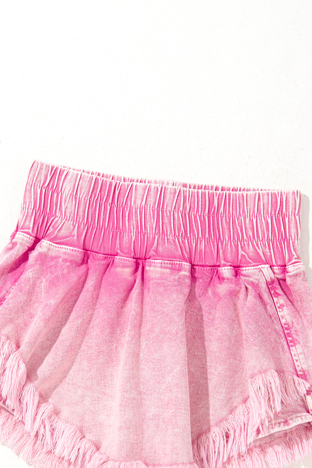 Pink Washed Smocked Waistband Frayed Denim Shorts
