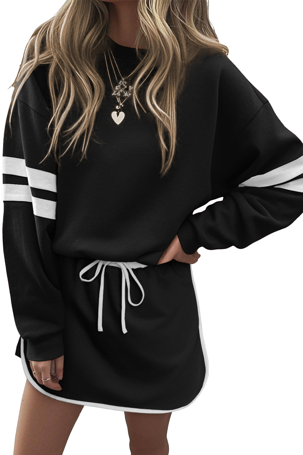 Orange Varsity Stripe Detail Drop Shoulder Pullover Mini Skirt Set