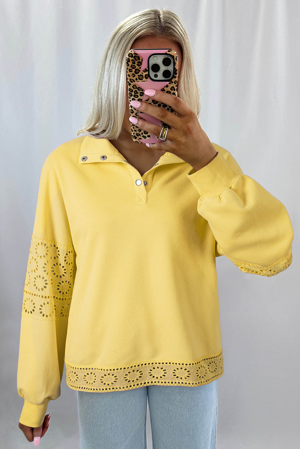 A Yellow Cream Embroidered Flower Patchwork Snap Buttons Pullover Sweatshirt