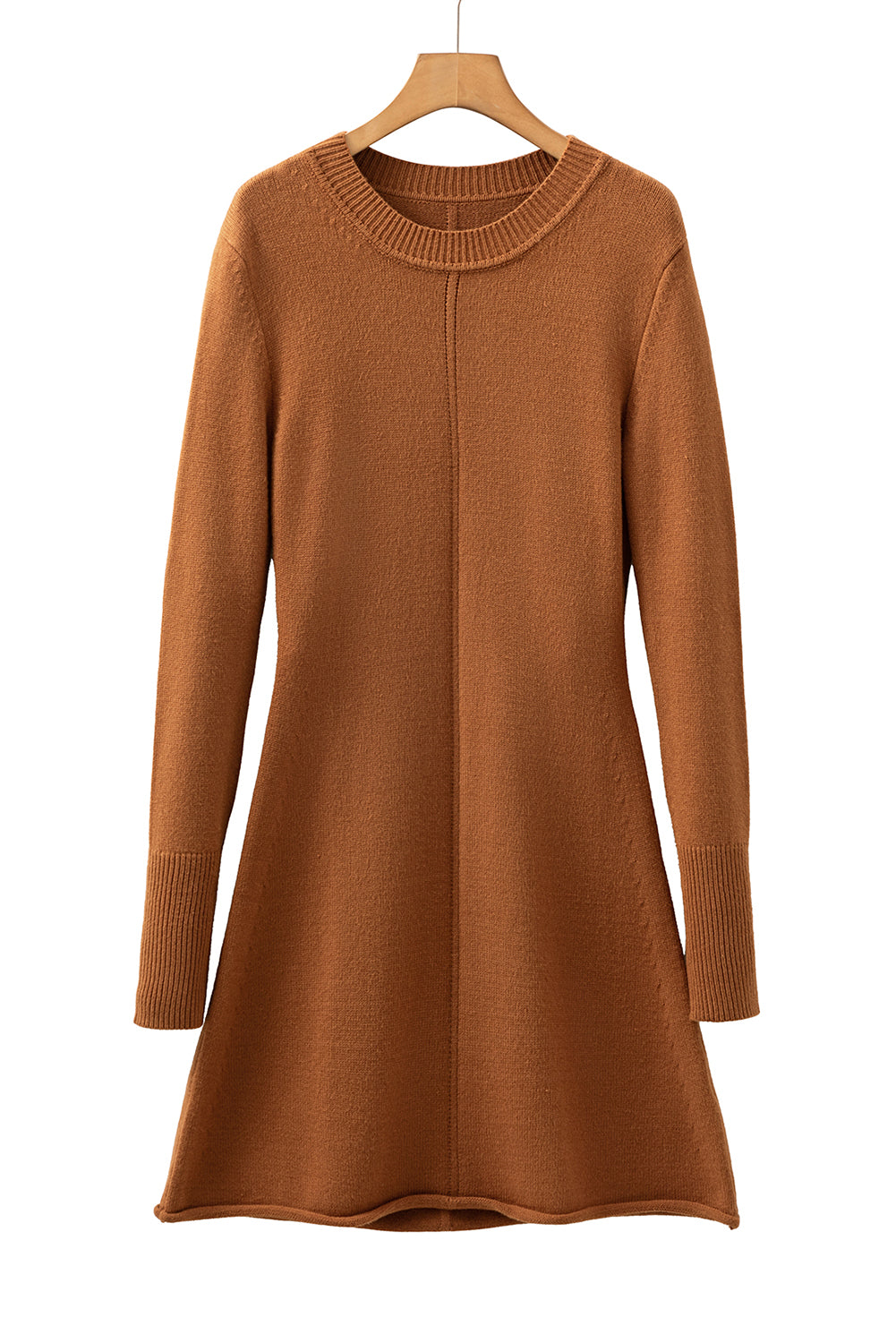 Straw Yellow Ribbed Detail Solid Color Mini Sweater Dress