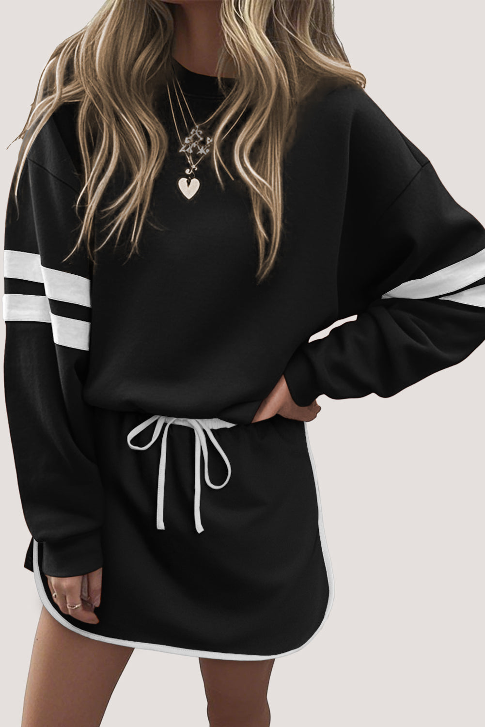 Orange Varsity Stripe Detail Drop Shoulder Pullover Mini Skirt Set