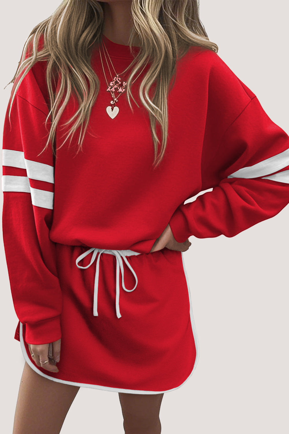 Orange Varsity Stripe Detail Drop Shoulder Pullover Mini Skirt Set