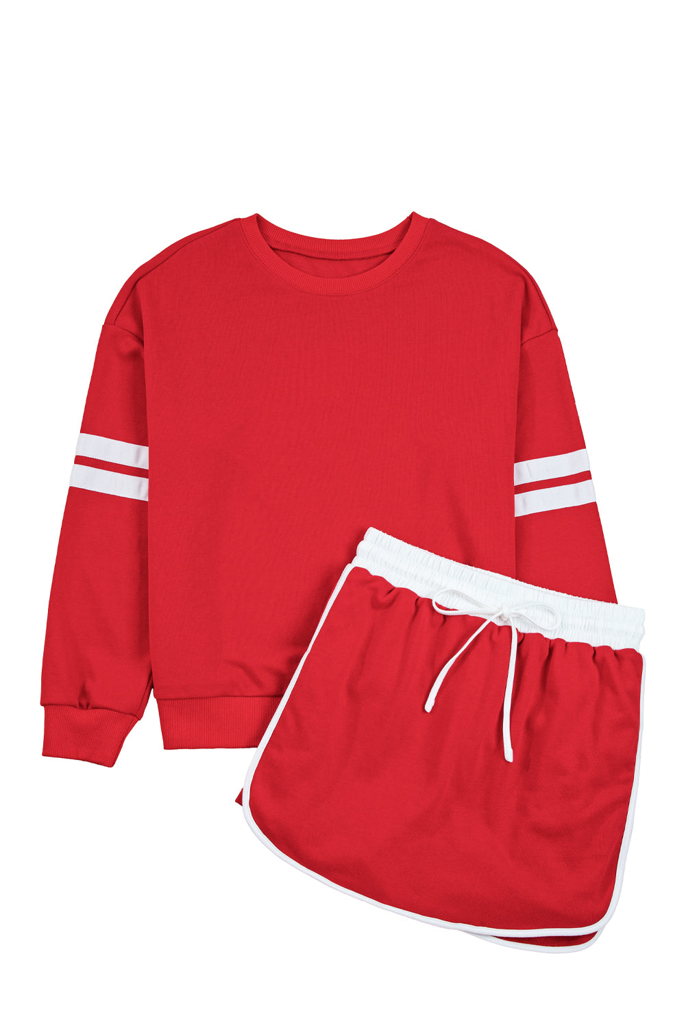 Orange Varsity Stripe Detail Drop Shoulder Pullover Mini Skirt Set