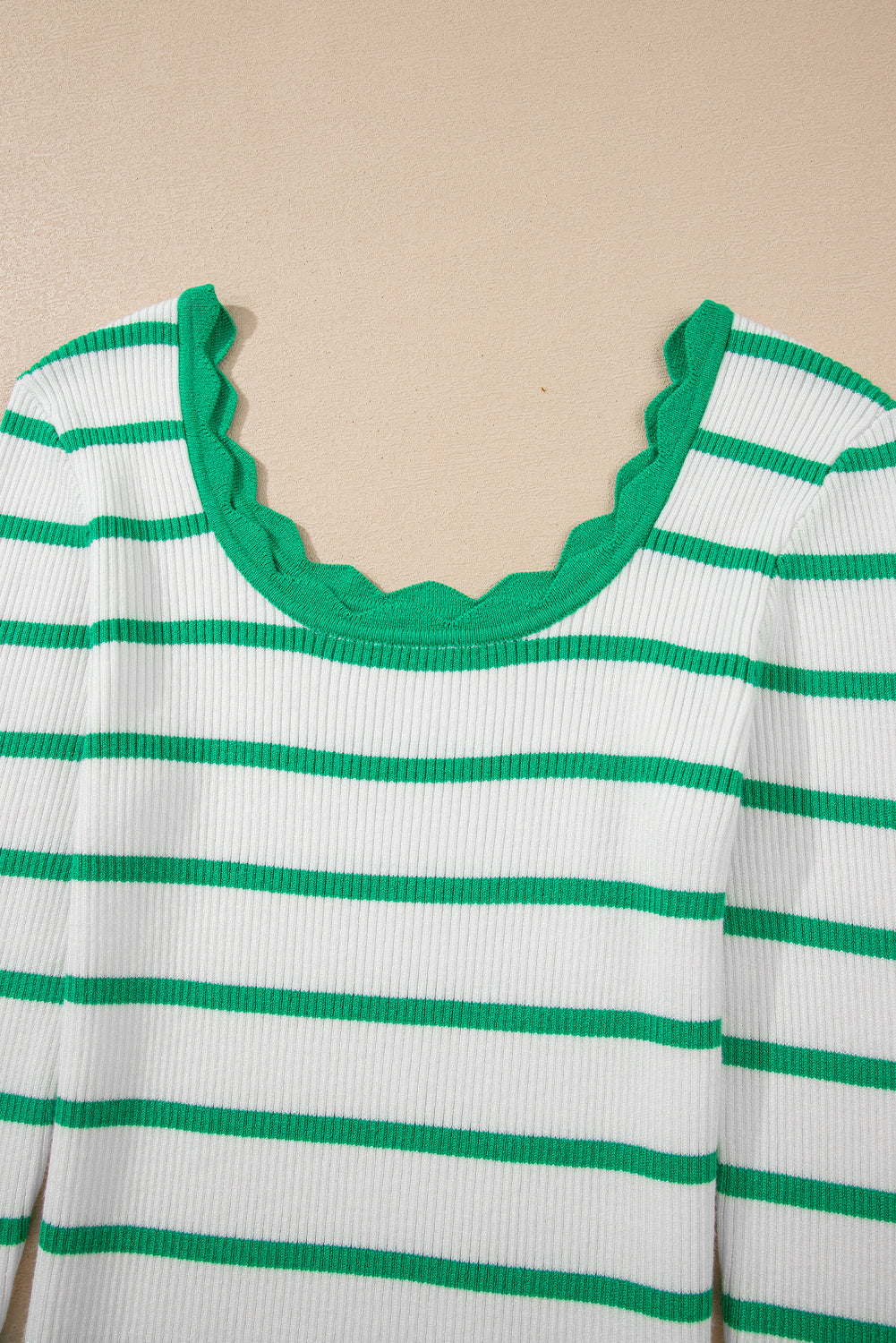 Black White Scalloped Edge Neck Striped Long Sleeve Sweater
