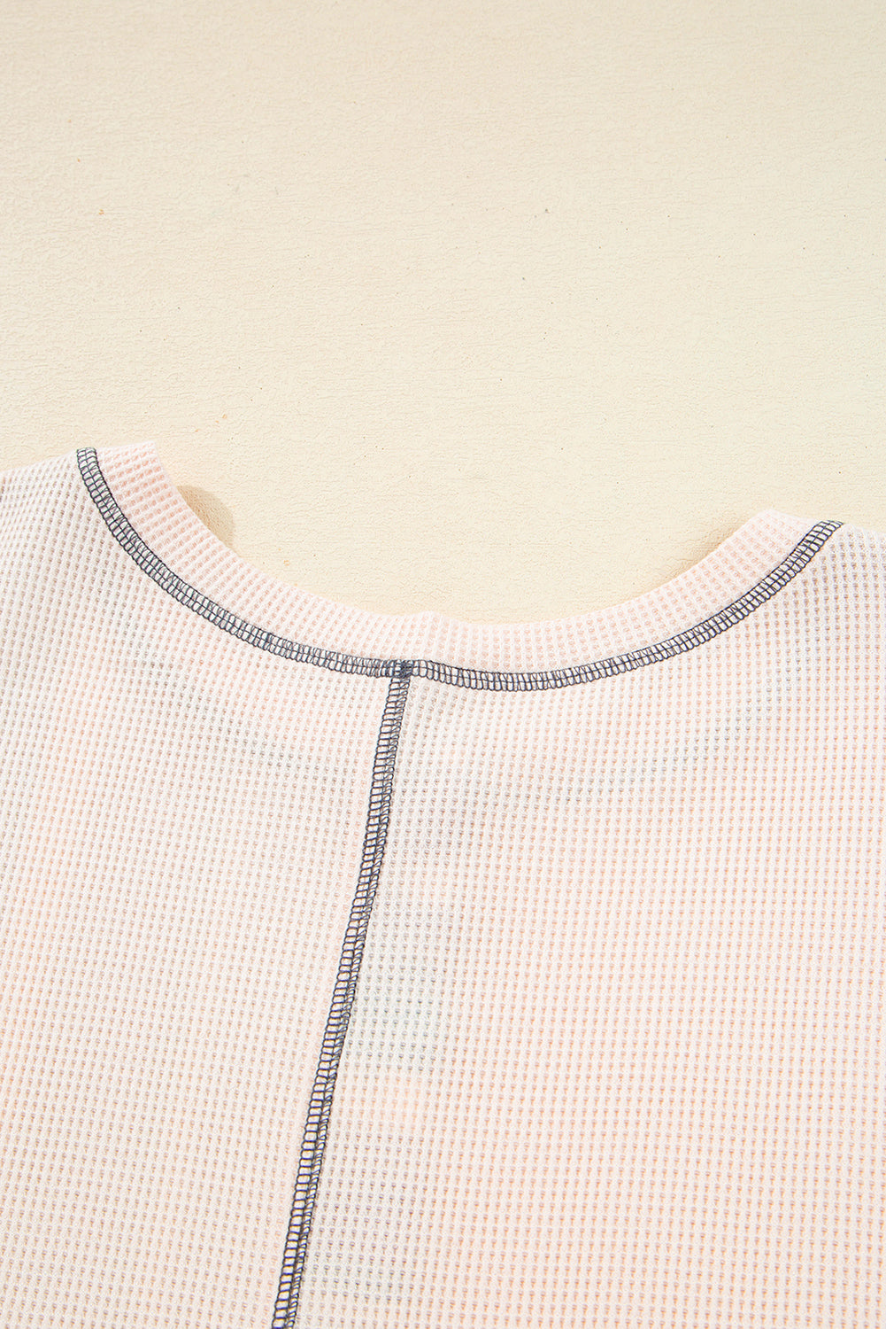 Beige Striped Waffle Patchwork Exposed Seam Raw Hem Knit Top