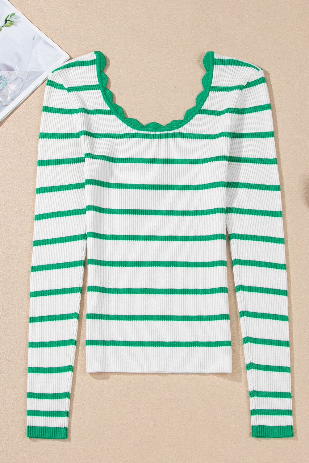 Black White Scalloped Edge Neck Striped Long Sleeve Sweater