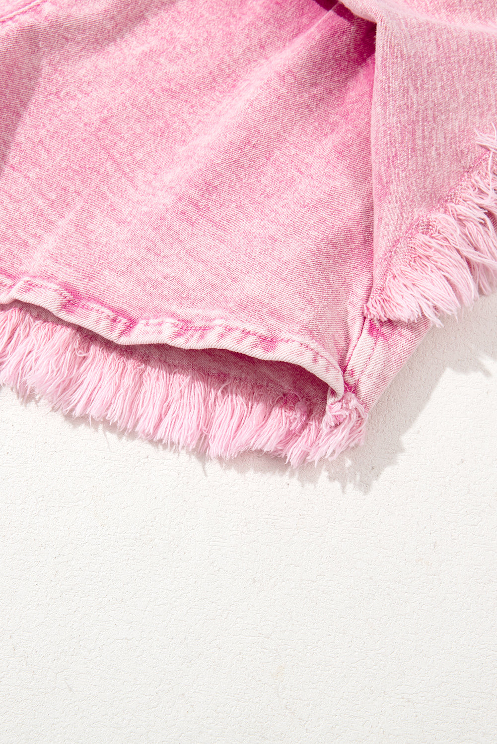 Pink Washed Smocked Waistband Frayed Denim Shorts