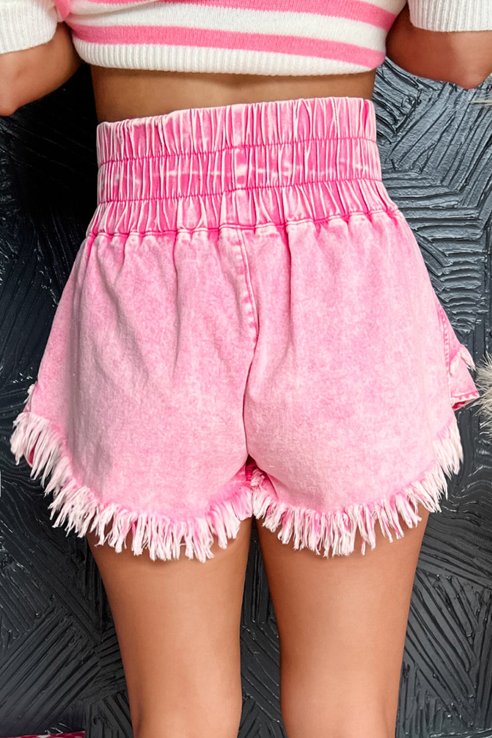 Pink Washed Smocked Waistband Frayed Denim Shorts