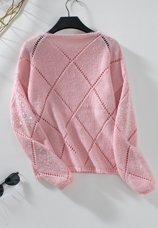 Openwork Light Pink Sequin Round Neck Long Sleeve Sweater