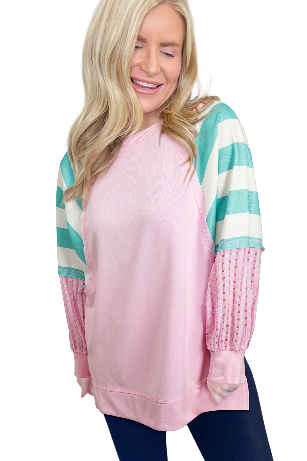 Bonbon Striped Colorblock Patchwork Raglan Sleeve Top