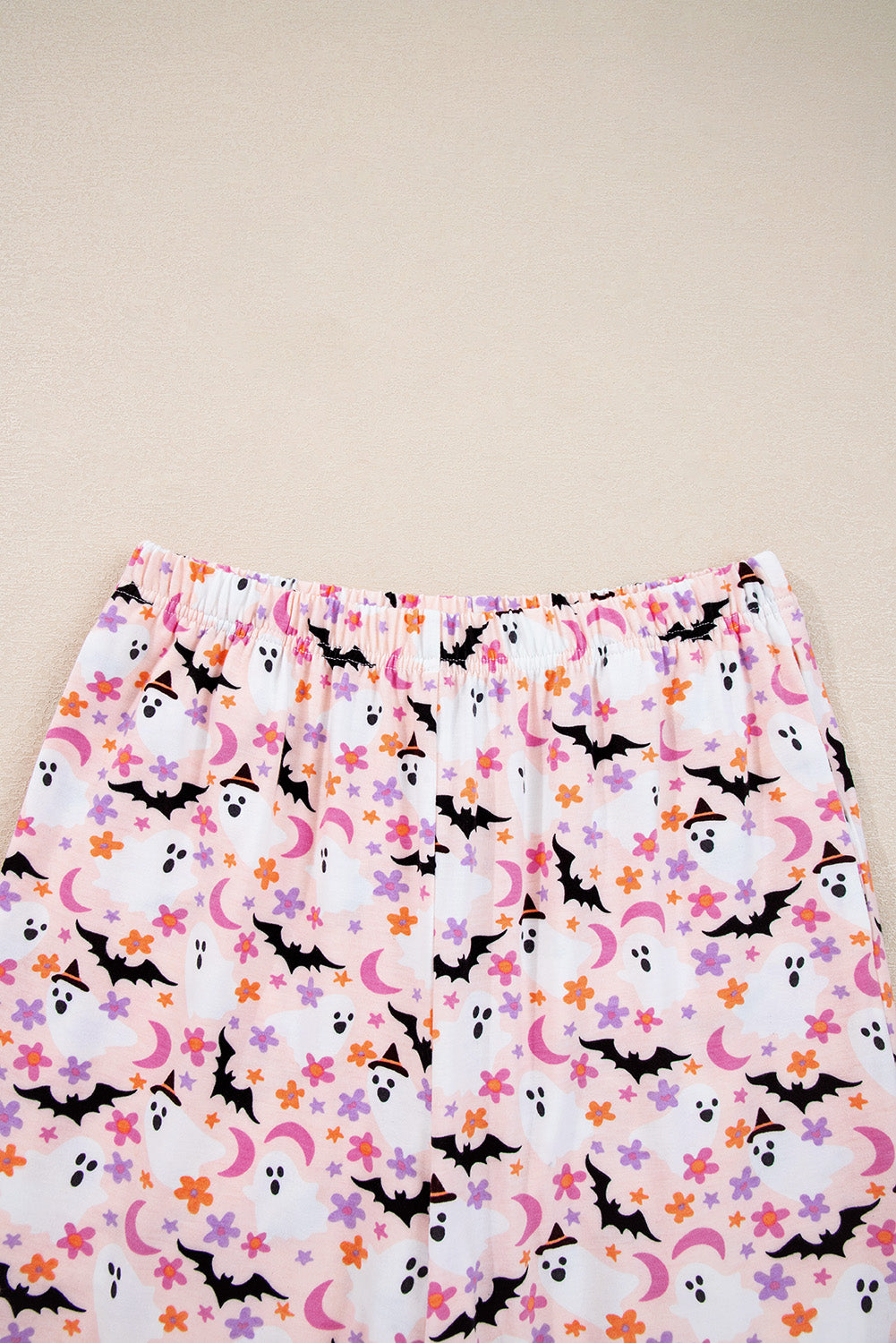 Pink Cute Floral Halloween Ghost Print Long Pajama Set