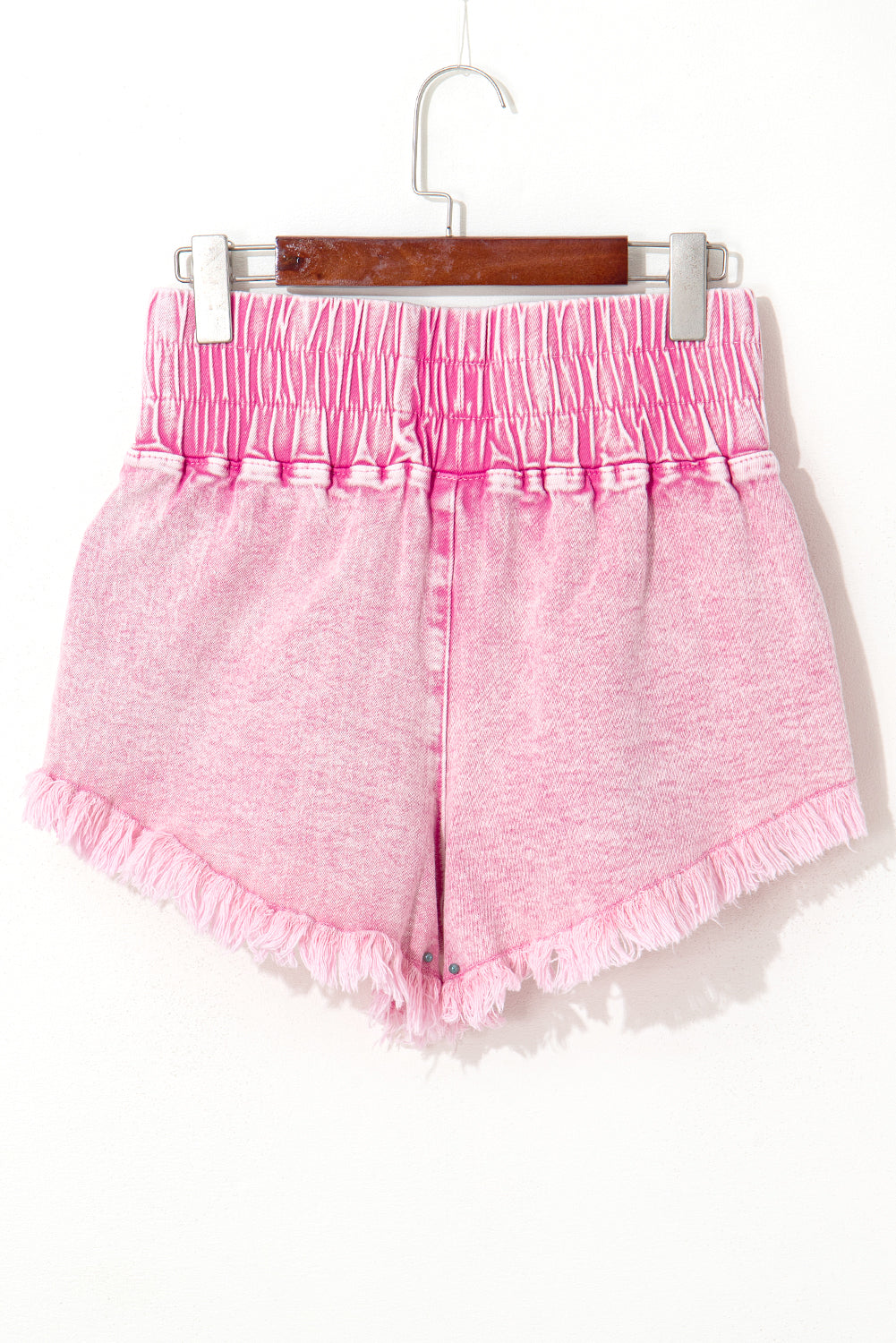 Pink Washed Smocked Waistband Frayed Denim Shorts