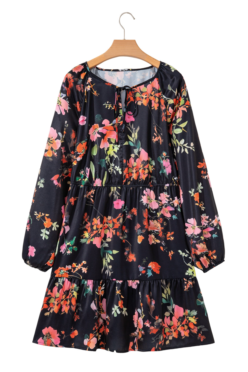 Black Plus Size Floral Print Tie Neck Cinched Waist Long Sleeve Mini Dress