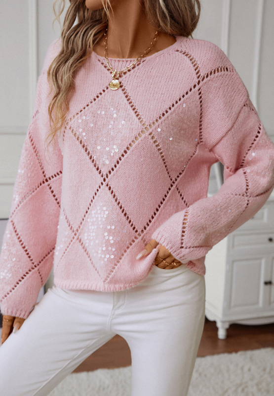 Openwork Light Pink Sequin Round Neck Long Sleeve Sweater