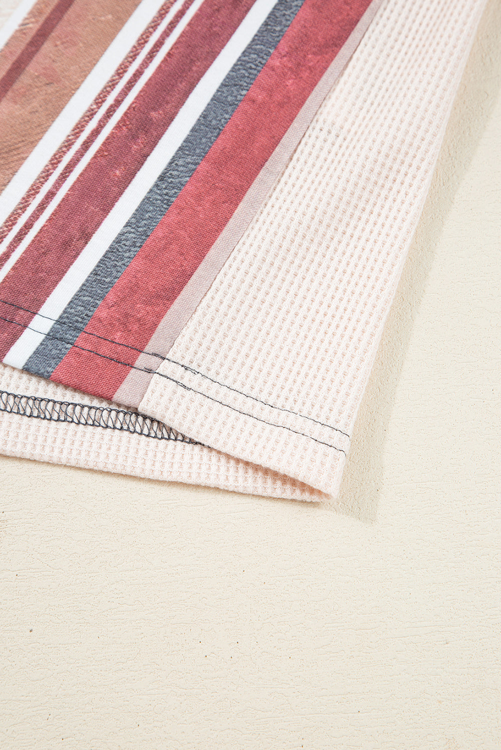 Beige Striped Waffle Patchwork Exposed Seam Raw Hem Knit Top