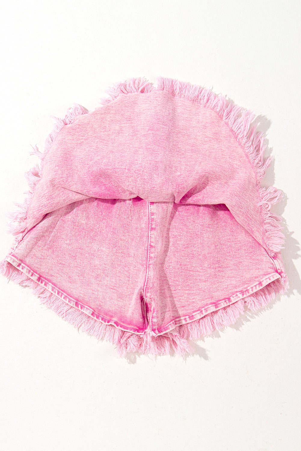 Pink Washed Smocked Waistband Frayed Denim Shorts