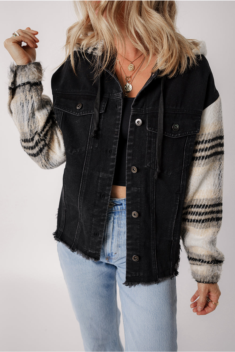 Black Patchwork Plaid Sleeve Frayed Hem Hooded Denim Jacket