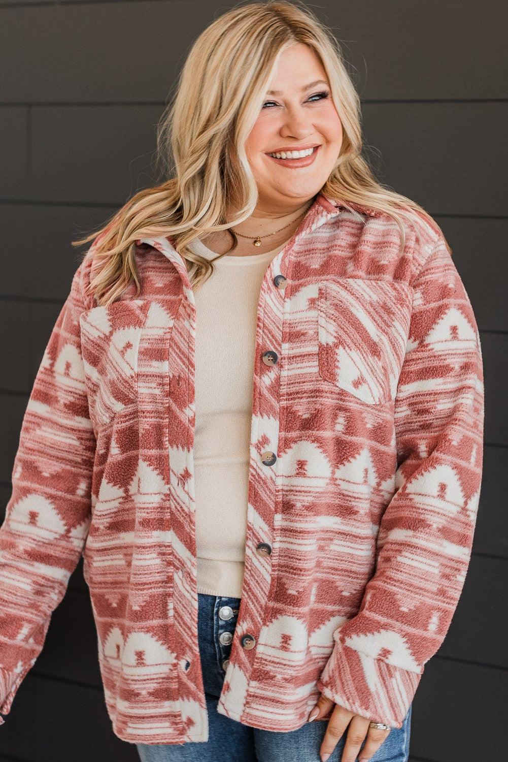 Pink Plus Size Geometric Print Chest Pocket Shacket