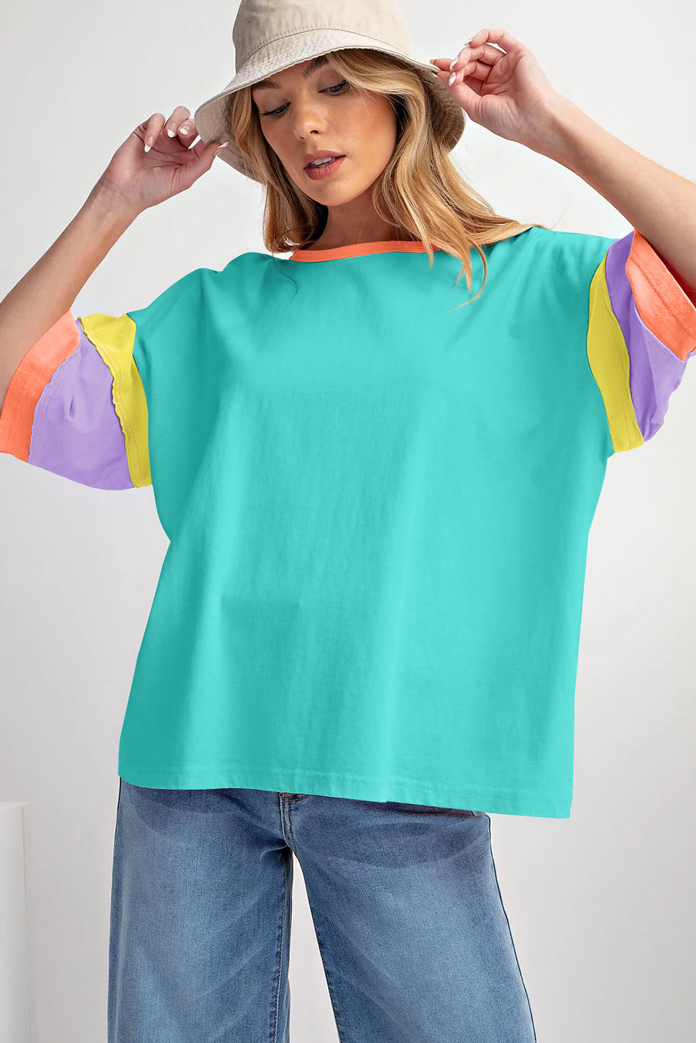 Color Block Sleeve Round Neck Oversize Top