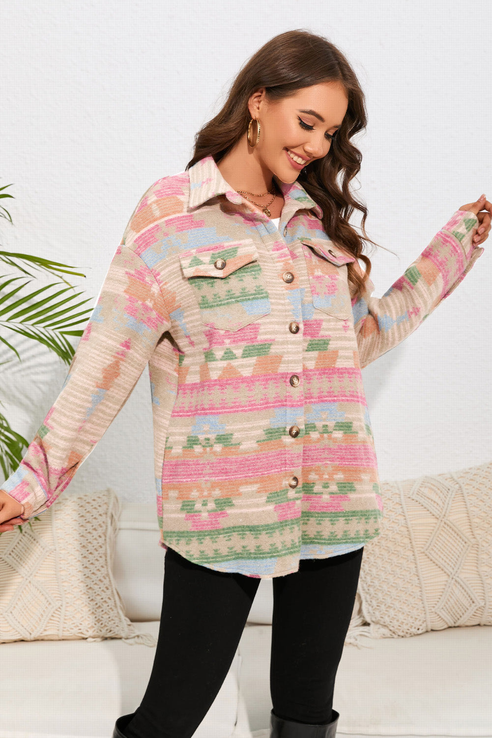 Multicolor Southwest Button Up Flap Pockets Geometric Jacket for Women