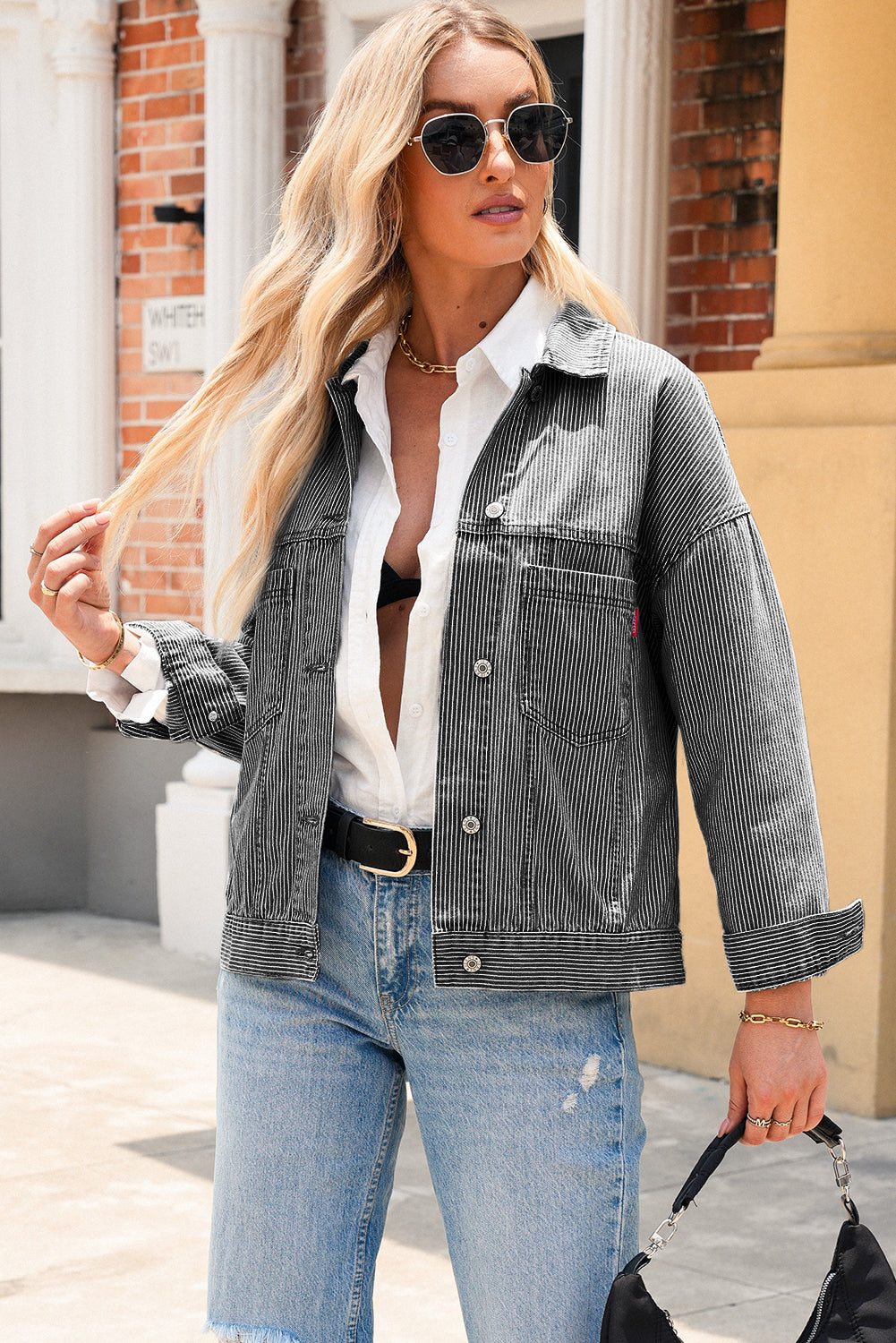 Blue Stripe Washed Oversized Pocketed Denim Jacket