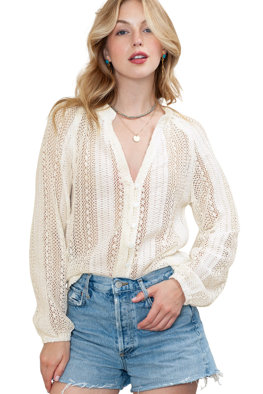 Rose Notch Neck Button Down Raglan Sleeve Lace Top