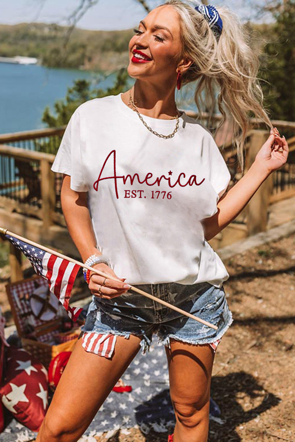 White America Letter Graphic Crew Neck T Shirts