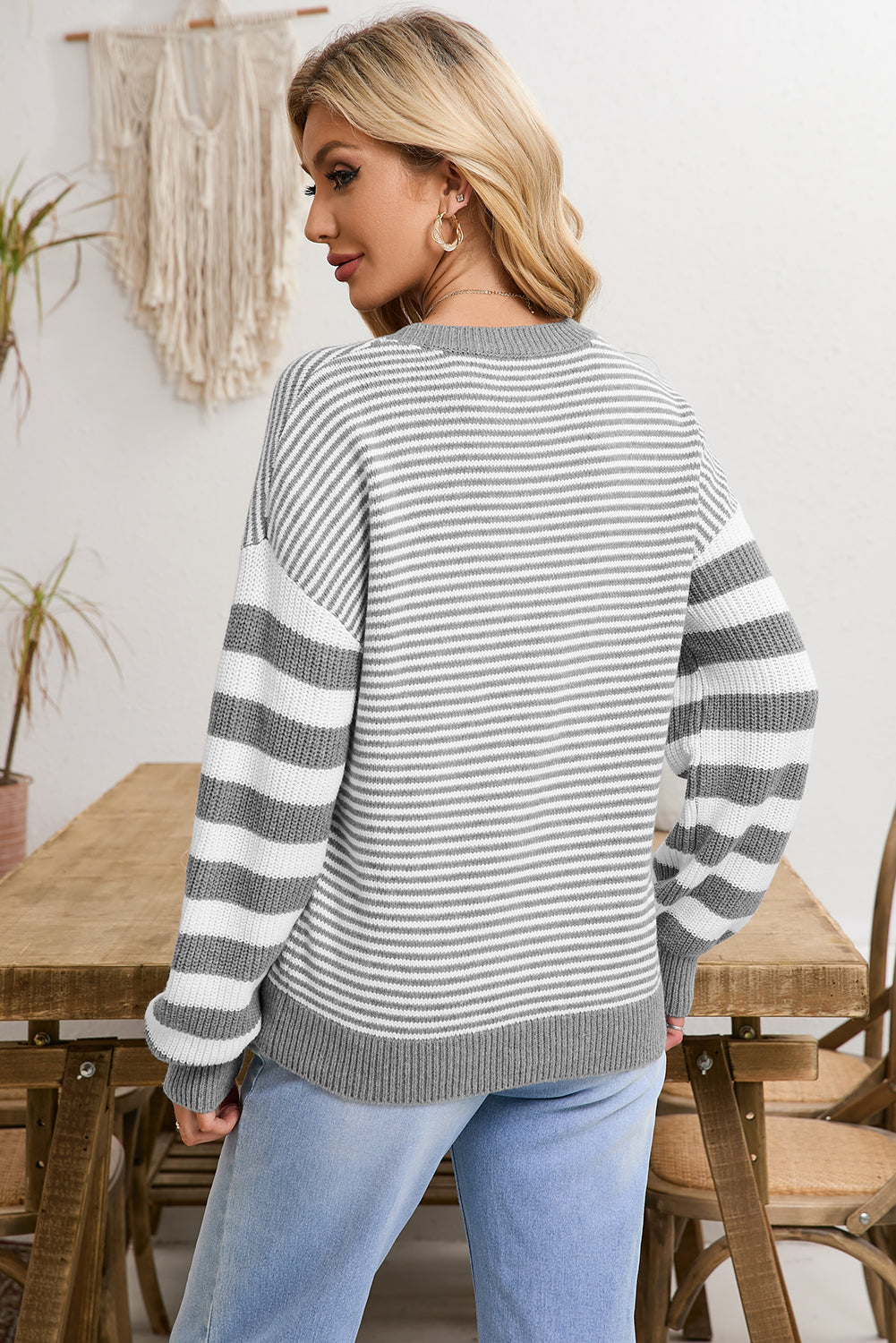 Red and White Stripe Twisted Knitted Drop Shoulder Sweater