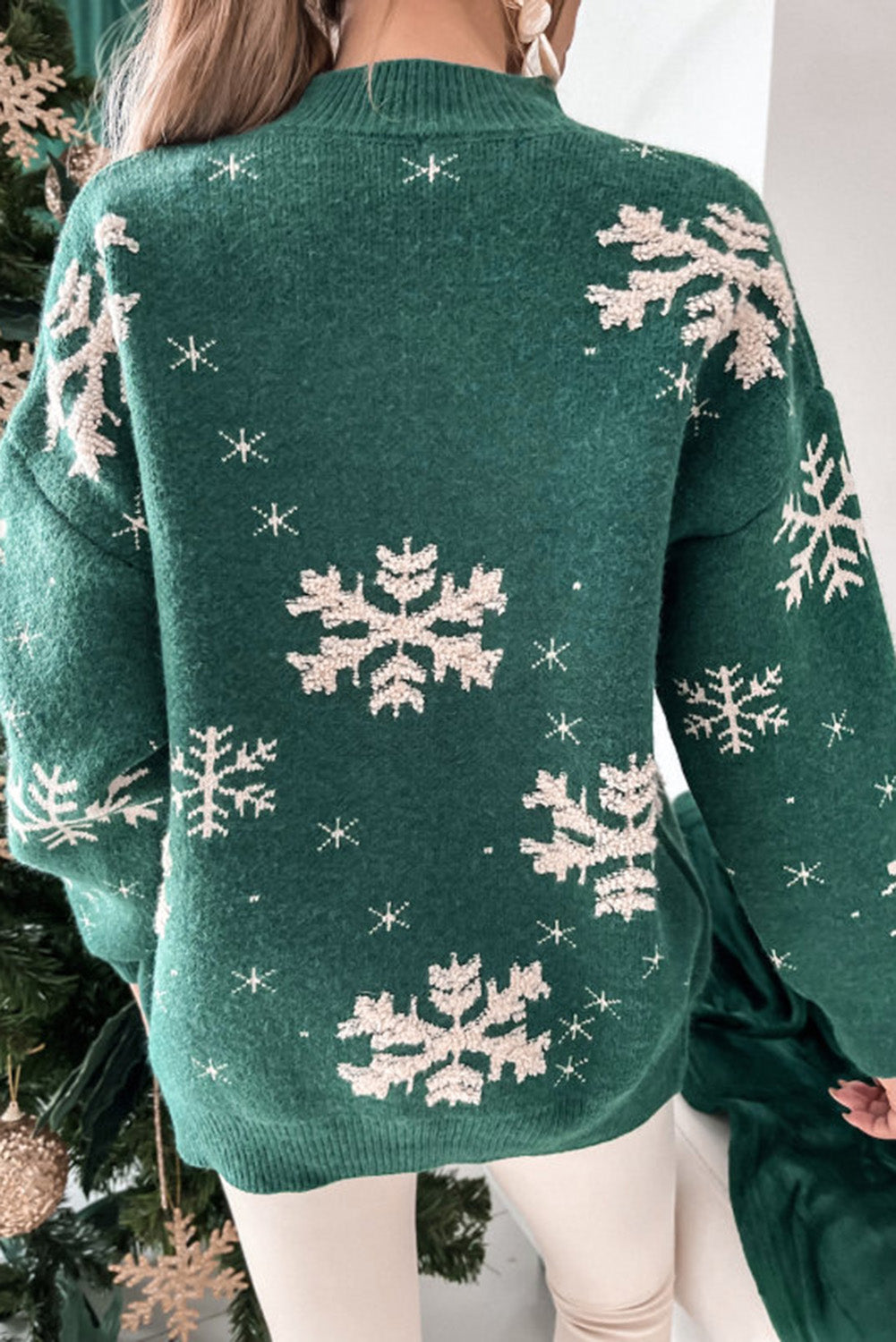 Green Christmas Snowflake Mock Neck Sweater