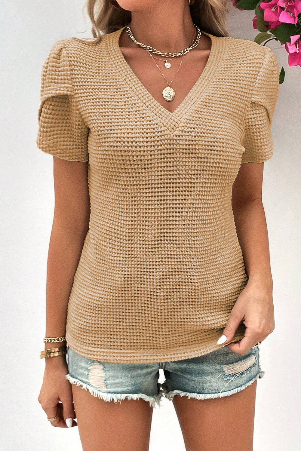 White Petal Sleeve Waffle Knit V Neck T-Shirt