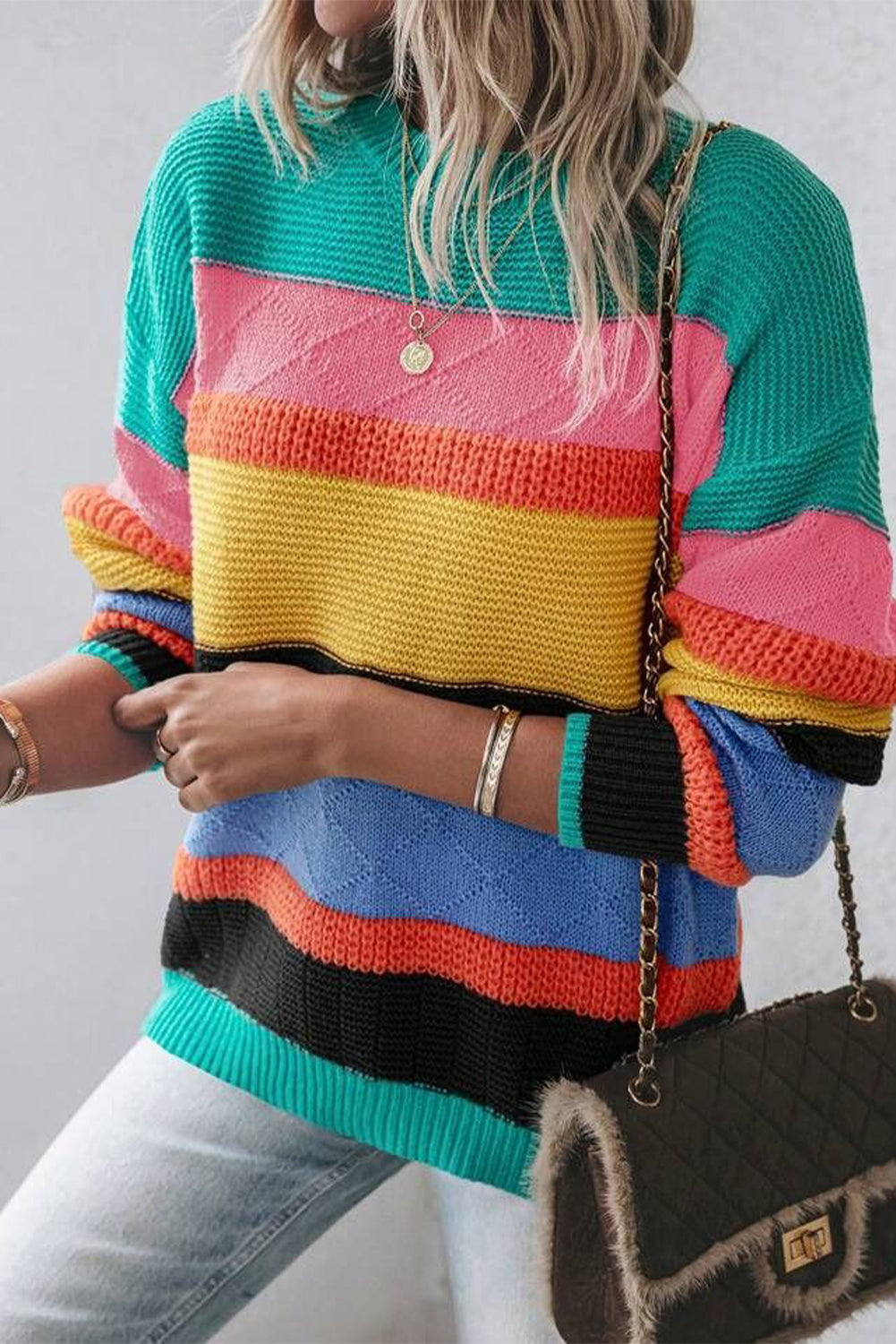 Yellow Colorblock Drop Shoulder Crew Neck Sweater