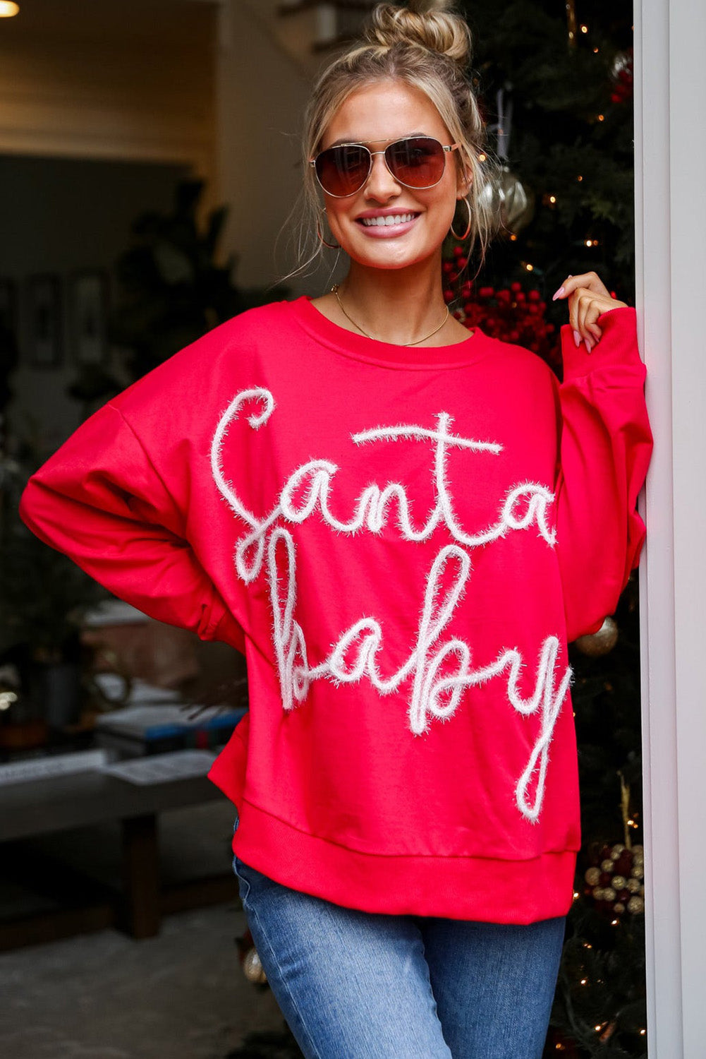 Fiery Red Christmas Tinsel Santa Baby Graphic Sweatshirt