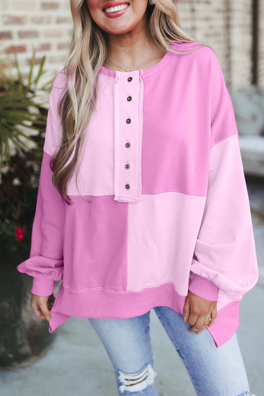 Pink Colorblock High Low Loose Henley Sweatshirt