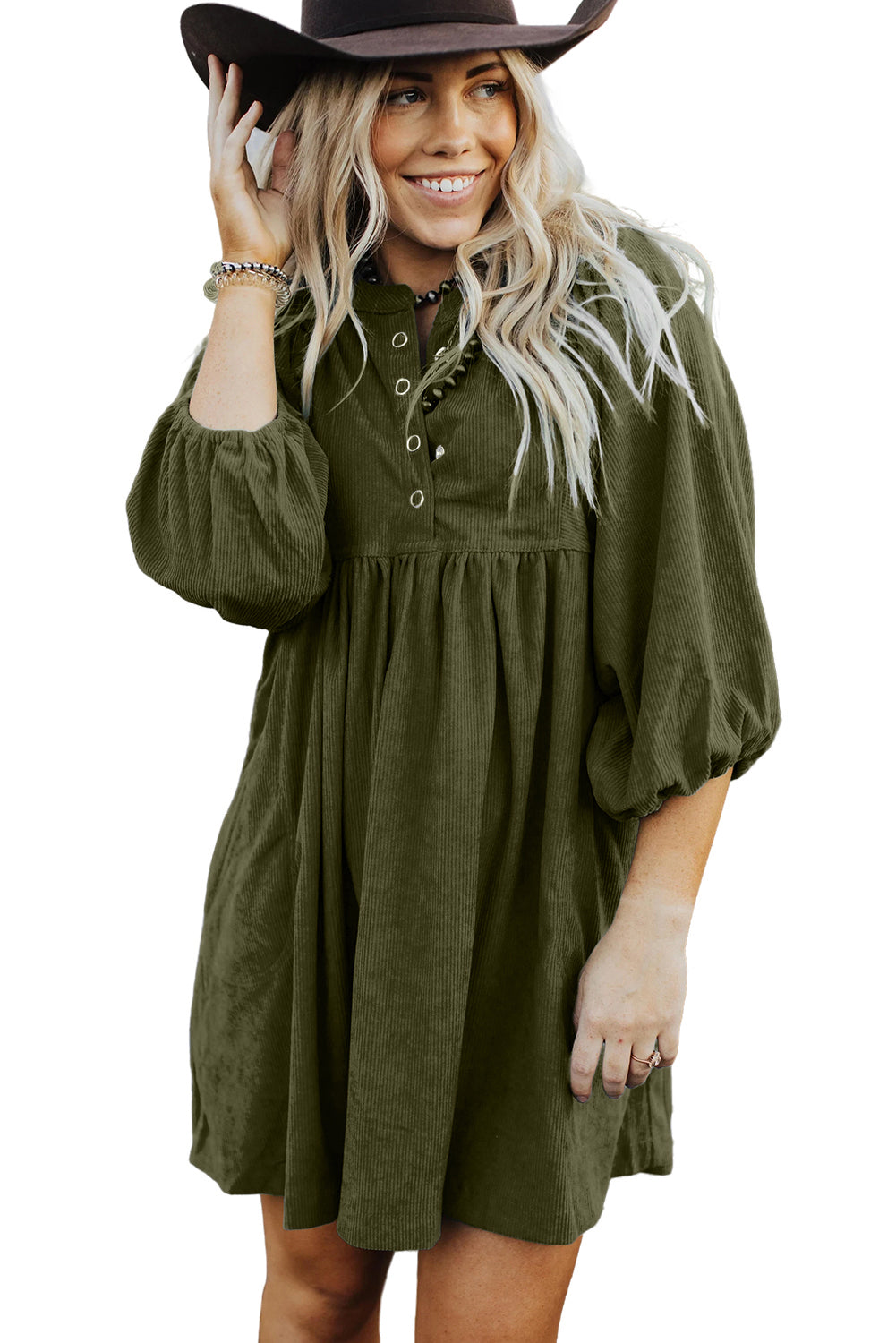 Vineyard Green Light Snap Button Empire Waist Lantern Sleeve Corduroy Dress