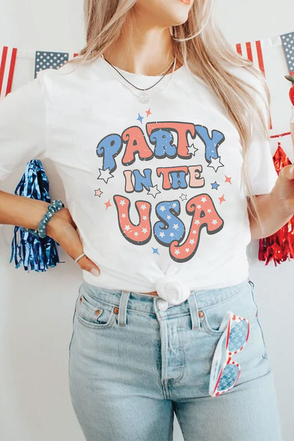 White PARTY IN THE USA Letter Print Star Graphic Tee