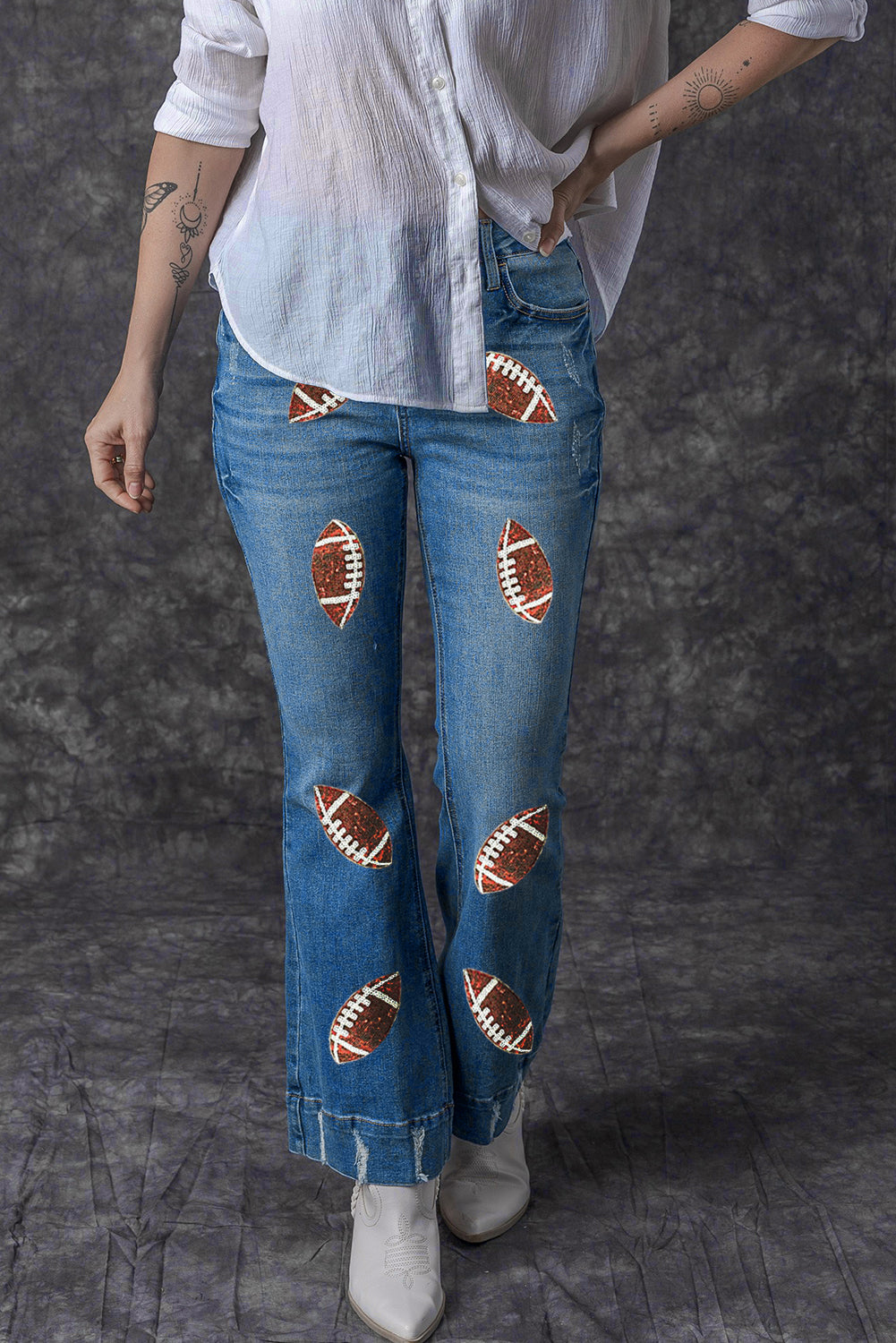 Sky Blue Sequin Football Pattern High Waist Distressed Flare Jeans