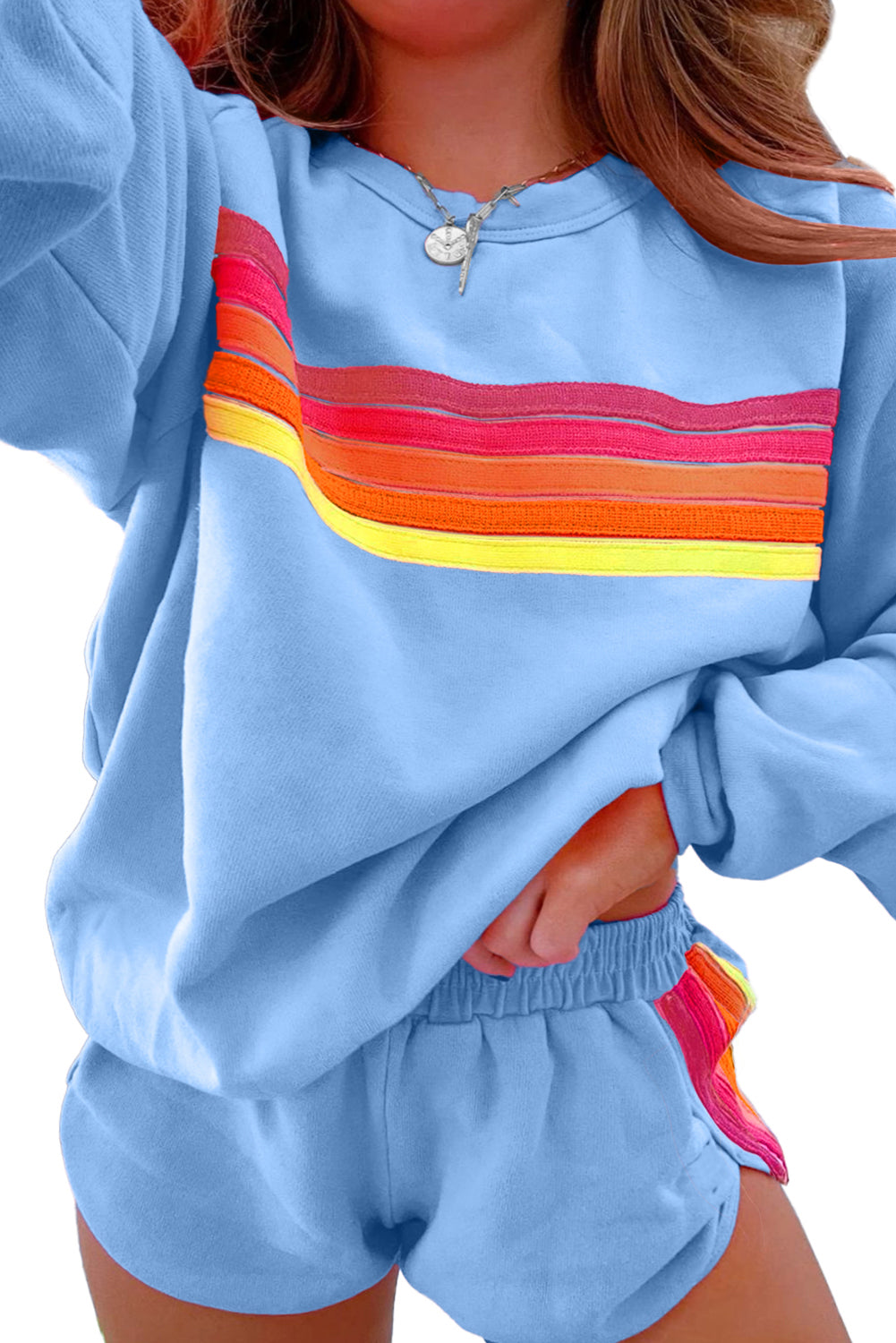 Beau Blue Colorful Striped Long Sleeve Pullover and Shorts Set