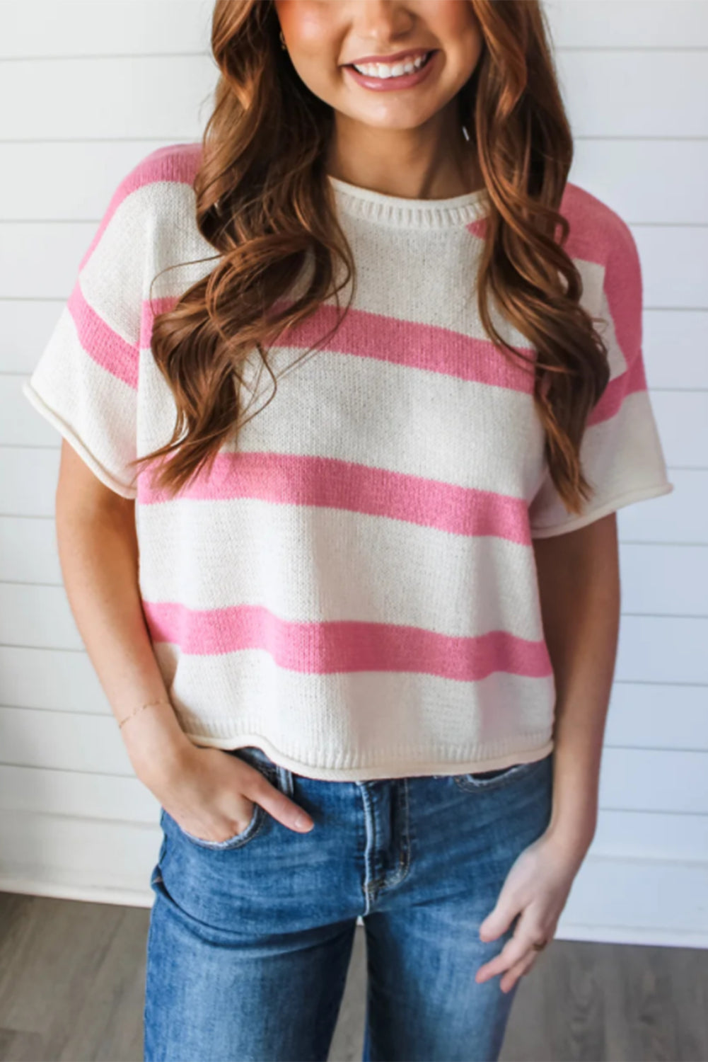 Pink Stripe Drop Sleeve Lightweight Knitted Top